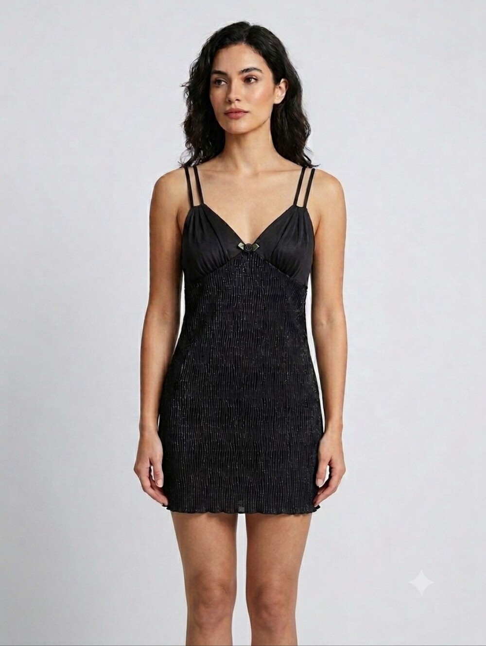 Vintage 70s 80s Lu-Say Sparkly Black Slip Dress Empire Waist Size L